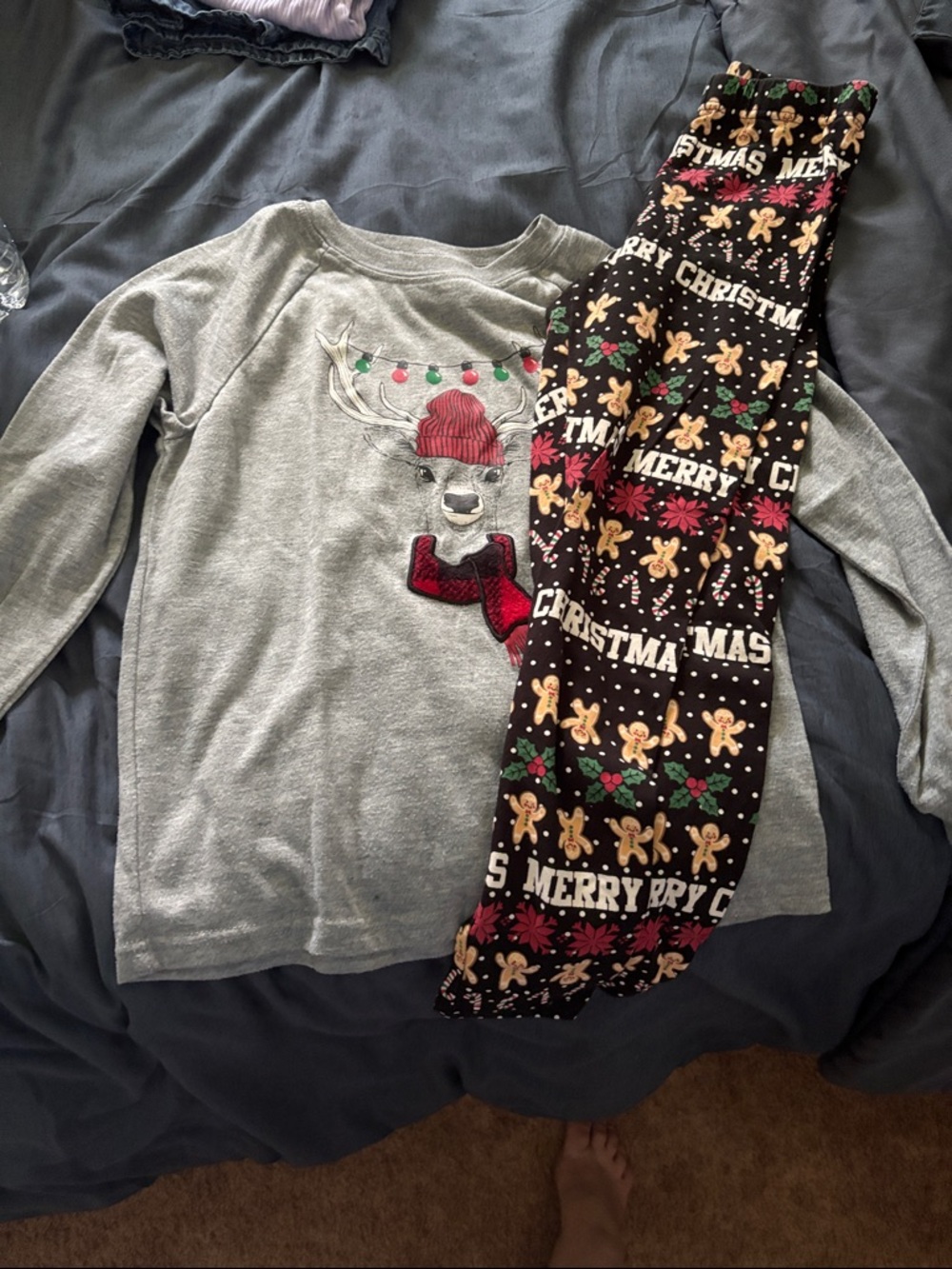 Kids Grey Reindeer Top and Black Merry Christmas Pajama Pants Set